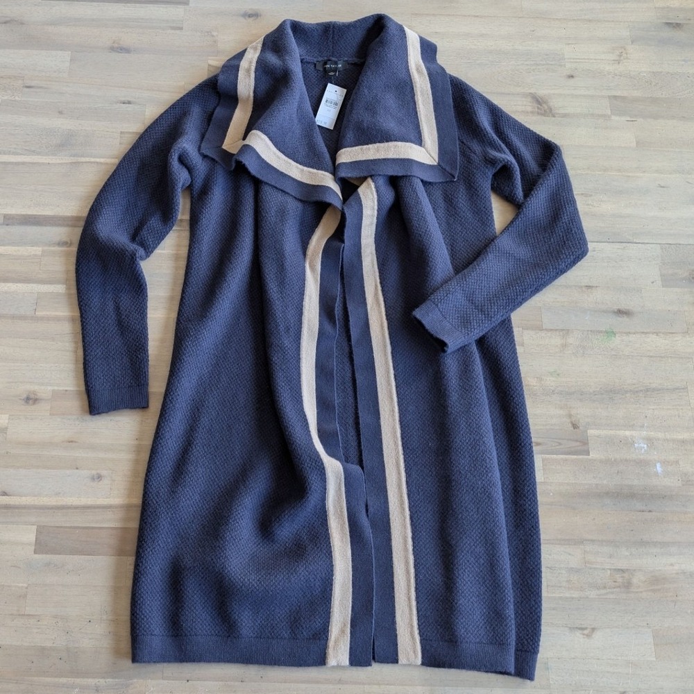 ANN TAYLOR Striped Trim Cascade Cardigan Sweater Navy w/ Beige Trim Size XS NEW - Picture 3 of 11